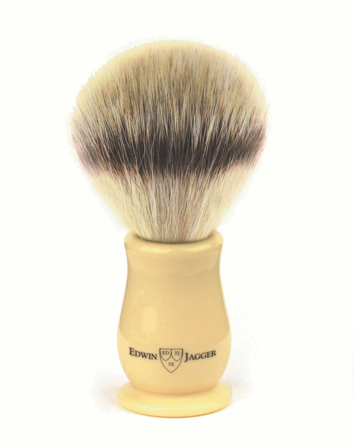 Shaving brush with synthetic silver tip bristles and imitation ivory handle