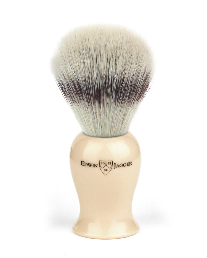Shaving brush with synthetic silver tip bristles and imitation ivory handle
