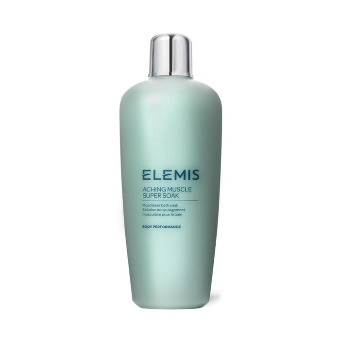 A light teal bottle of ELEMIS - ACHING MUSCLE SUPER SOAK by ELEMIS - STEINER, featuring a silver cap, dark blue text, and a modern design, stands upright on a white background—perfect for post-workout muscle recovery.