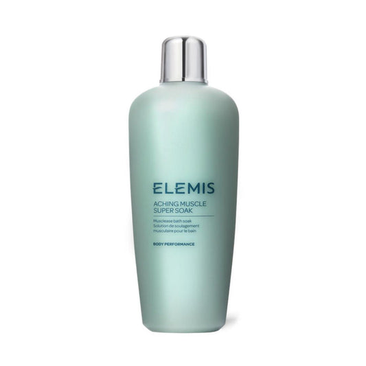 A light teal bottle of ELEMIS - ACHING MUSCLE SUPER SOAK by ELEMIS - STEINER, featuring a silver cap, dark blue text, and a modern design, stands upright on a white background—perfect for post-workout muscle recovery.