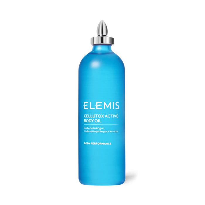 A blue bottle of ELEMIS - CELLUTOX ACTIVE BODY OIL by ELEMIS - STEINER, featuring a silver cap and white text, described as a skin-softening body detox oil for body performance.