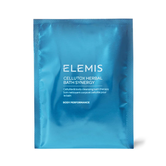 A shiny blue sachet labeled "ELEMIS - CELLUTOX HERBAL BATH" by ELEMIS - STEINER, featuring white text details on the front—ideal for a relaxing bath soak and body cleansing.