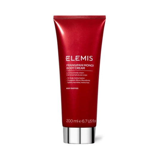 A red tube of ELEMIS - FRANGIPANI MONOI BODY CREAM by ELEMIS - STEINER with a silver cap and white and gold text. Infused with nourishing essential oils, this luxurious body cream comes in a 200 ml (6.7 US fl. oz.) tube.