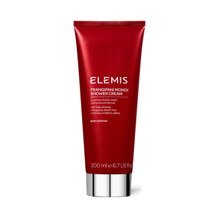 A red tube of ELEMIS - FRANGIPANI MONOI SHOWER CREAM by ELEMIS - STEINER, 200 ml, stands upright on a white background with the product name and details printed in white on the front.