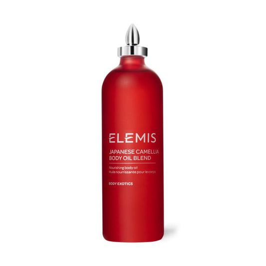 A red bottle of ELEMIS - JAPANESE CAMELIA OIL BLEND by ELEMIS - STEINER features a silver cap and white text label; this luxurious body oil is popular during pregnancy to help reduce stretch marks.