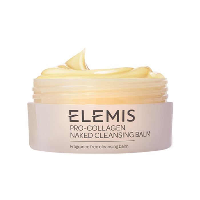 A jar of ELEMIS - PRO-COLLAGEN NAKED CLEANSING BALM by ELEMIS - STEINER, shown open to display the creamy yellow balm. Its label notes it’s fragrance-free, making it perfect for sensitive skin.