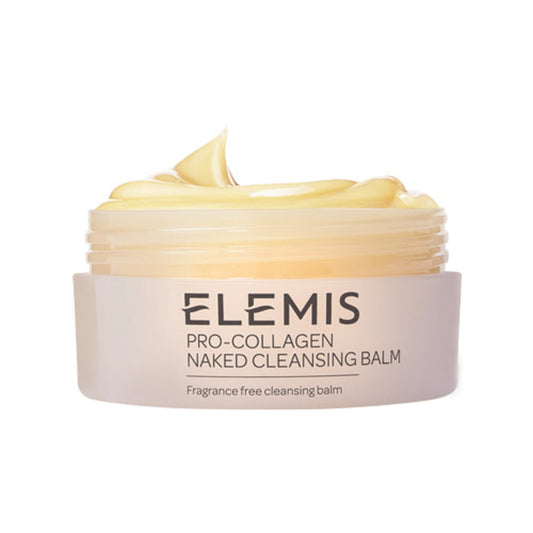 A jar of ELEMIS - PRO-COLLAGEN NAKED CLEANSING BALM by ELEMIS - STEINER, shown open to display the creamy yellow balm. Its label notes it’s fragrance-free, making it perfect for sensitive skin.