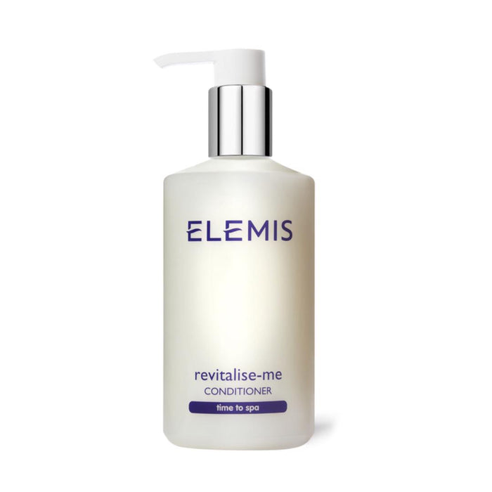 A white pump bottle of ELEMIS - REVITALISE ME CONDITIONER by ELEMIS - STEINER, featuring a silver dispenser and purple text, designed to promote shiny hair, shown against a plain white background.