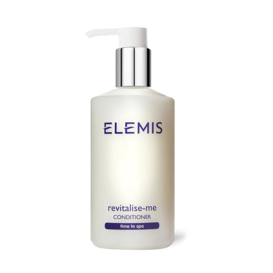 A white pump bottle of ELEMIS - REVITALISE ME CONDITIONER by ELEMIS - STEINER, featuring a silver dispenser and purple text, designed to promote shiny hair, shown against a plain white background.