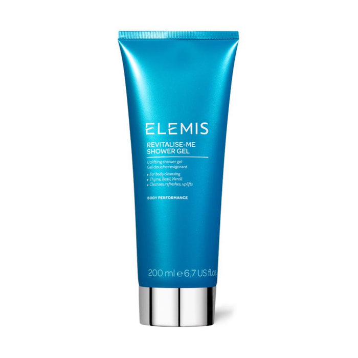 A blue tube of ELEMIS - STEINER REVITALISE ME SHOWER GEL (200 ml/6.7 fl. oz.) with a silver cap and white front text, infused with essential oils for a refreshing cleanse.