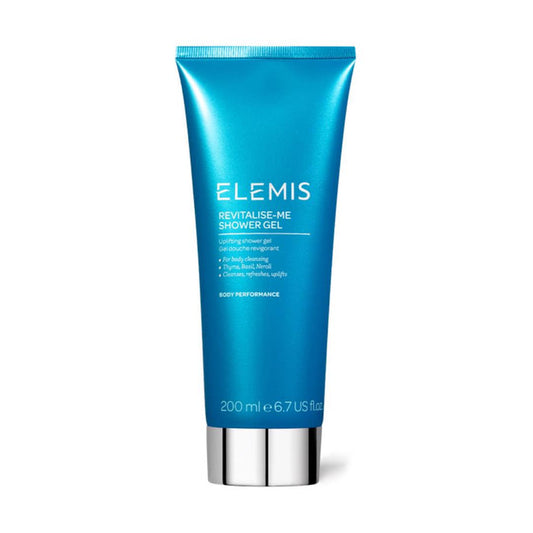 A blue tube of ELEMIS - STEINER REVITALISE ME SHOWER GEL (200 ml/6.7 fl. oz.) with a silver cap and white front text, infused with essential oils for a refreshing cleanse.
