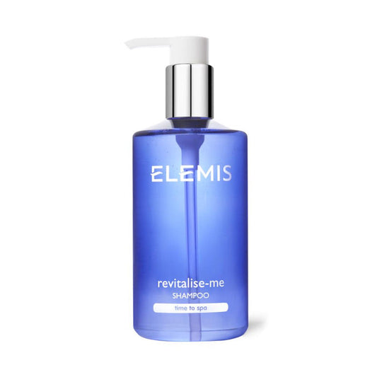A blue pump bottle labeled "ELEMIS - REVITALIZE ME SHAMPOO" by ELEMIS - STEINER sits against a white background, offering shiny hair with its moisturizing daily shampoo formula.