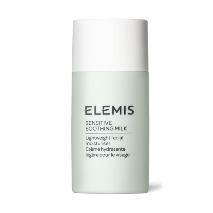A light green bottle of ELEMIS - SENSITIVE SOOTHING MILK by ELEMIS - STEINER with a white cap, labeled as a hydrating moisturiser for sensitive skin in English and French.