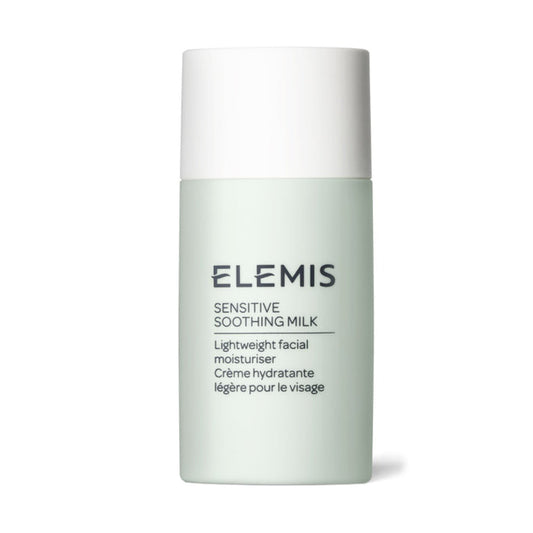 A light green bottle of ELEMIS - SENSITIVE SOOTHING MILK by ELEMIS - STEINER with a white cap, labeled as a hydrating moisturiser for sensitive skin in English and French.