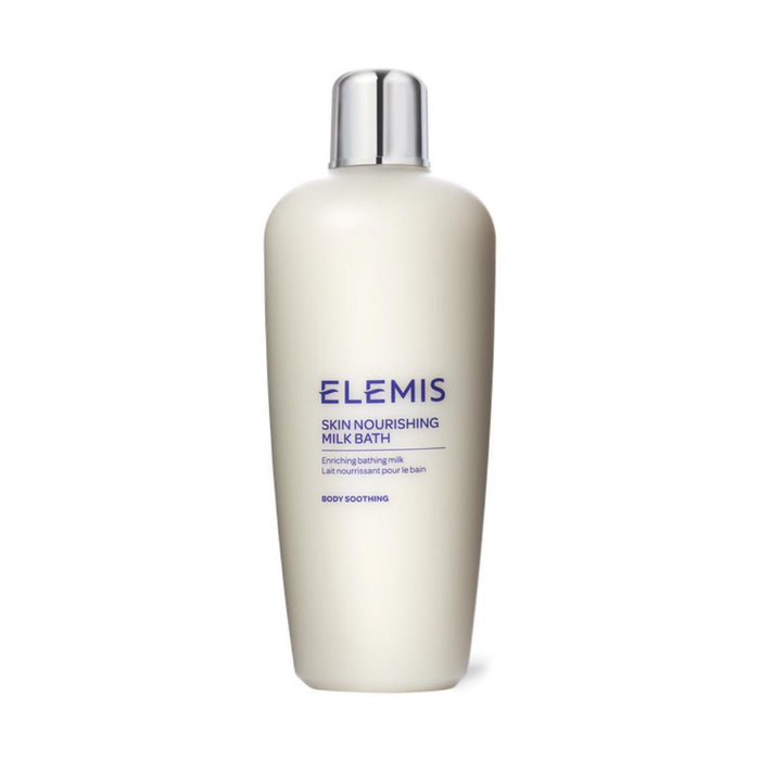 A white bottle with a silver cap labeled “ELEMIS - SKIN NOURISHING MILK BATH” by ELEMIS - STEINER, enriched with nourishing milk and camellia oil to soothe dry skin, is displayed against a plain background.