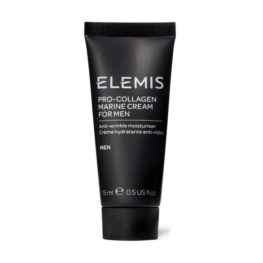 A black tube of ELEMIS - TIME FOR MEN PRO-COLLAGEN MARINE CREAM FOR MEN by ELEMIS - STEINER (15ml) hydrates and smooths skin, making it a key anti-ageing moisturiser for men. White text is featured prominently on the front.