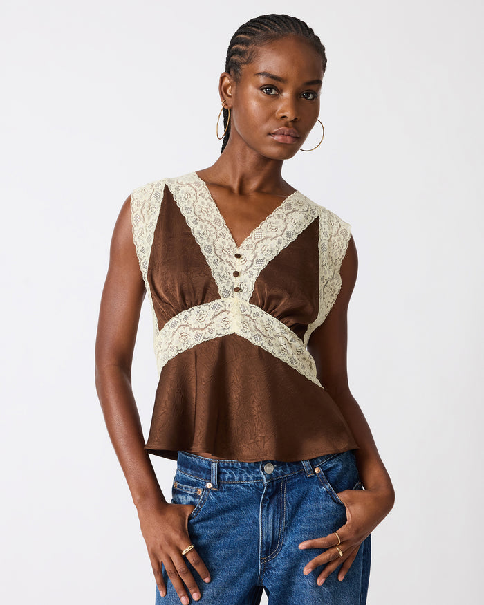 ELINOR Dark Espresso Sleeveless Lace Women's Top | Steve Madden