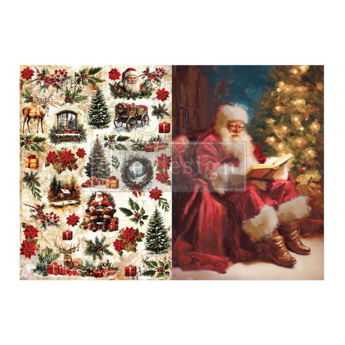 A split design showing Christmas-themed holiday patterns on the left and a painting of Santa Claus sitting by a glowing Christmas tree reading a book on the right. A translucent watermark reading 'Design' is visible across the center.