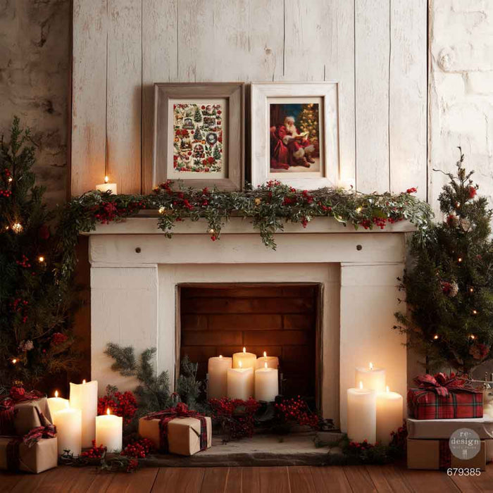 Decorated fireplace with Christmas mantel, candles, and trees.