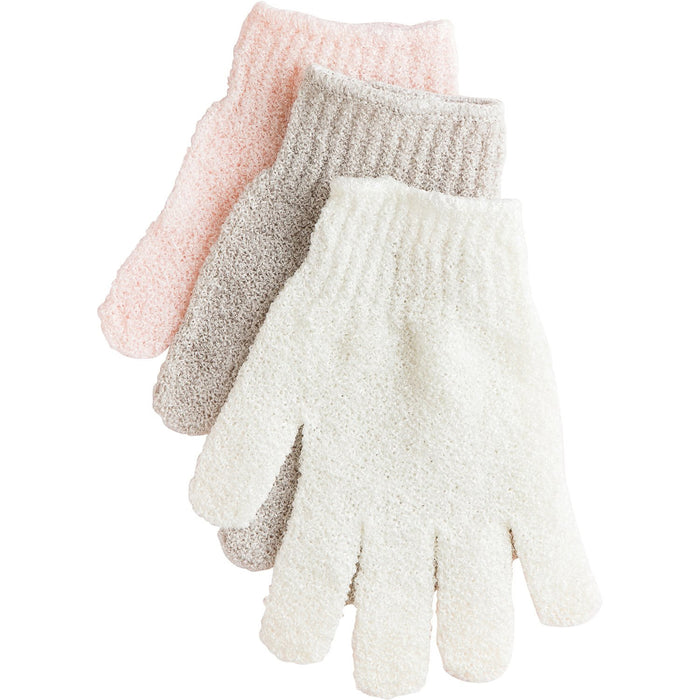 Three pairs of EUROPEAN SOAPS, LLC EXFOLIATING GLOVES in pastel pink, beige, and white are stacked against a white background—ideal for removing dead skin and revealing silky-smooth skin after each use.