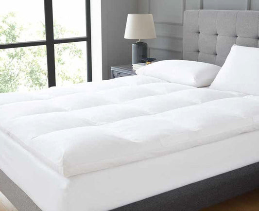 A modern bedroom features the DOWNLITE FEARRINGTON LIFESTYLE BEDDING COLLECTION - FEATHERBED QUEEN, a white pillow, gray upholstered headboard, black nightstand with lamp, and ample natural light from the window.