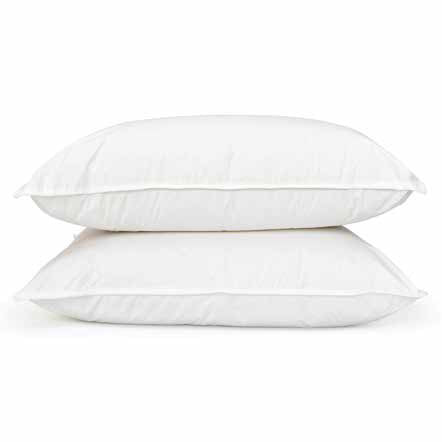 Two DOWNLITE FEARRINGTON LIFESTYLE BEDDING COLLECTION standard feather pillows are stacked against a plain white background.