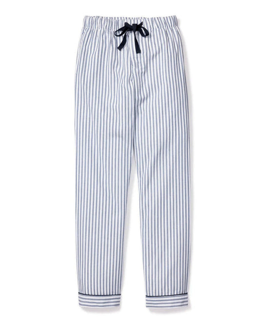 The PETITE PLUME FEARRINGTON LIFESTYLE COLLECTION Men's Twill Pajama Pant in Navy French Ticking features navy and white vertical stripes, a dark drawstring waist, and matching striped cuffs, shown laid flat on a white background.