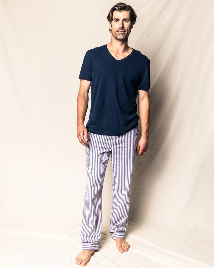 The PETITE PLUME FEARRINGTON LIFESTYLE COLLECTION Men's Twill Pajama Pant in Navy French Ticking features navy and white vertical stripes, a dark drawstring waist, and matching striped cuffs, shown laid flat on a white background.