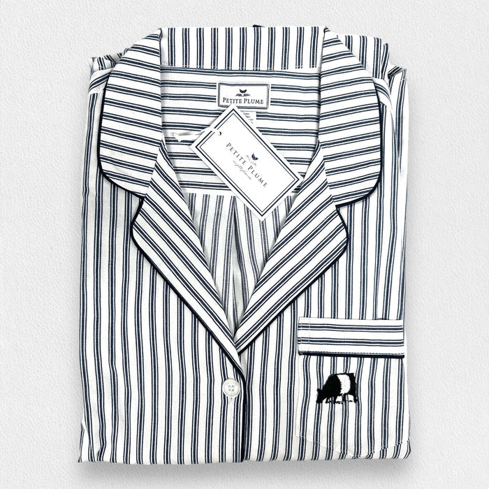 The PETITE PLUME FEARRINGTON LIFESTYLE COLLECTION Women’s Long Sleeve Twill Navy French Ticking Short Set features navy and white stripes, a front pocket with an embroidered black sheep, and signature Petite Plume label and tag.