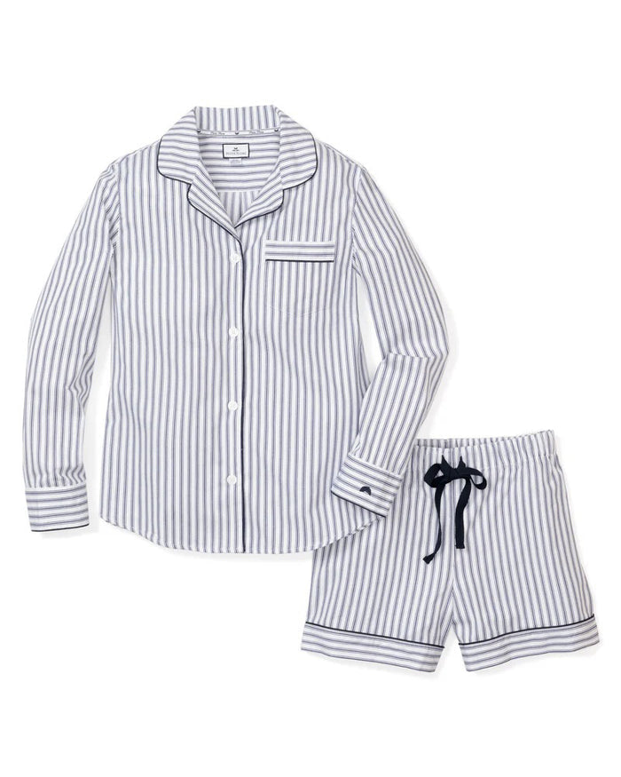 The PETITE PLUME FEARRINGTON LIFESTYLE COLLECTION Women’s Long Sleeve Twill Navy French Ticking Short Set features navy and white stripes, a front pocket with an embroidered black sheep, and signature Petite Plume label and tag.