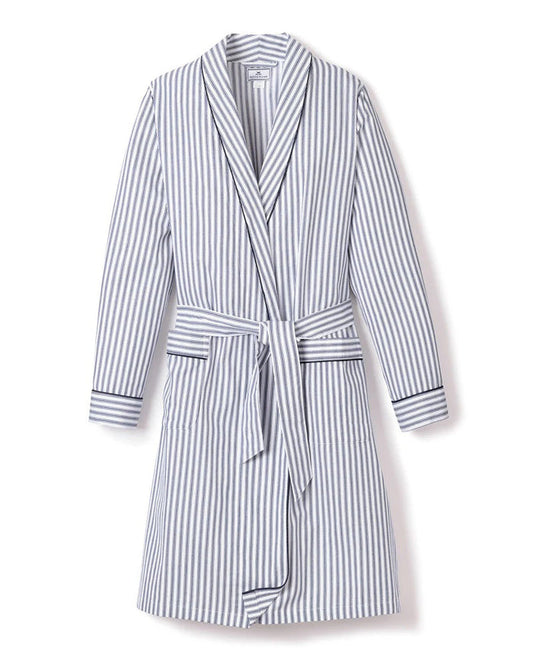 The PETITE PLUME FEARRINGTON LIFESTYLE COLLECTION Women's Twill Robe in Navy French Ticking features long sleeves, a knee-length cut, belt, and front pockets—ideal for pairing with luxury cotton sleepwear.