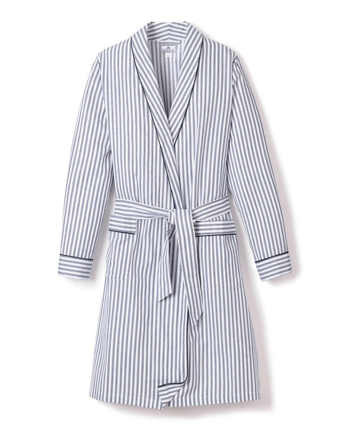 The PETITE PLUME FEARRINGTON LIFESTYLE COLLECTION Women's Twill Robe in Navy French Ticking features long sleeves, a knee-length cut, belt, and front pockets—ideal for pairing with luxury cotton sleepwear.