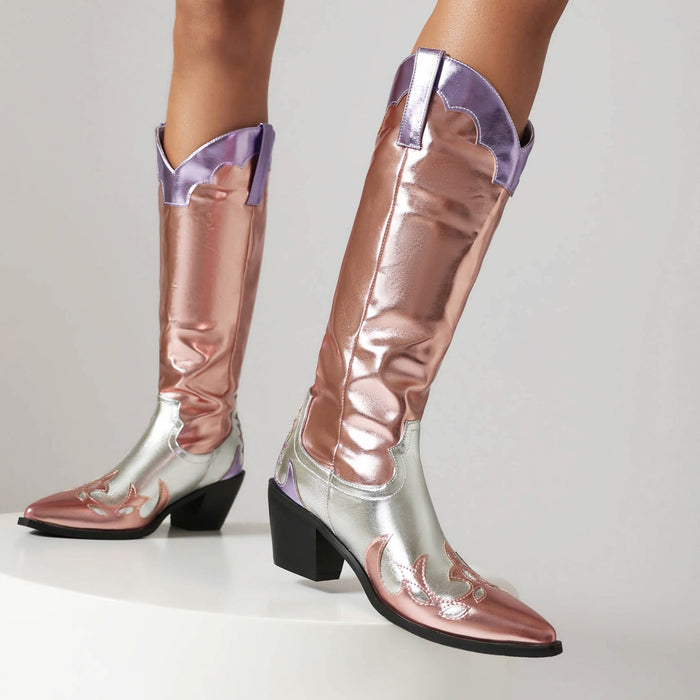 Shiny festival cowgirl boots for women with metallic pink and silver finish and block heels