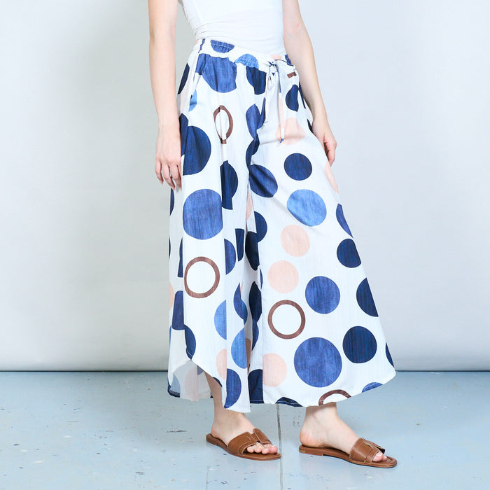 Flowing abstract circle print wide leg trousers with drawstring waist wholesale