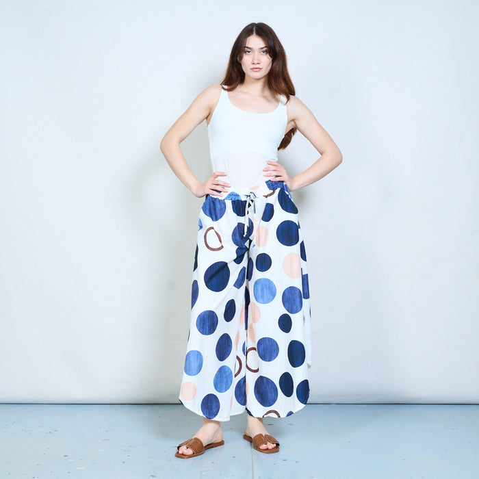 Flowing abstract circle print wide leg trousers with drawstring waist wholesale