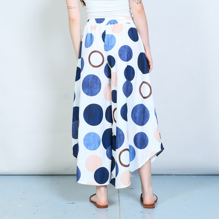 Flowing abstract circle print wide leg trousers with drawstring waist wholesale