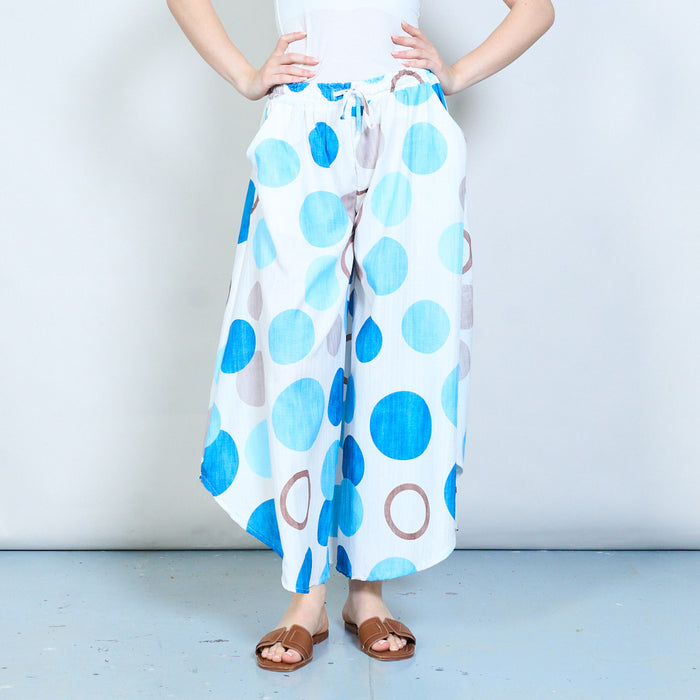 Flowing abstract circle print wide leg trousers with drawstring waist wholesale
