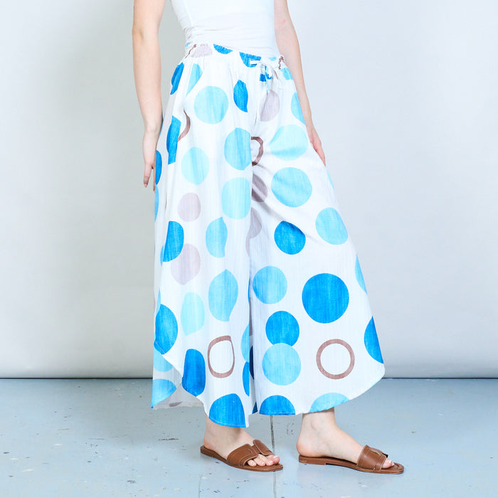 Flowing abstract circle print wide leg trousers with drawstring waist wholesale