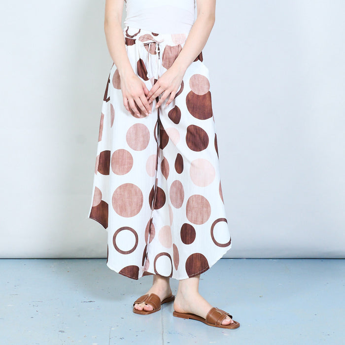 Flowing abstract circle print wide leg trousers with drawstring waist wholesale