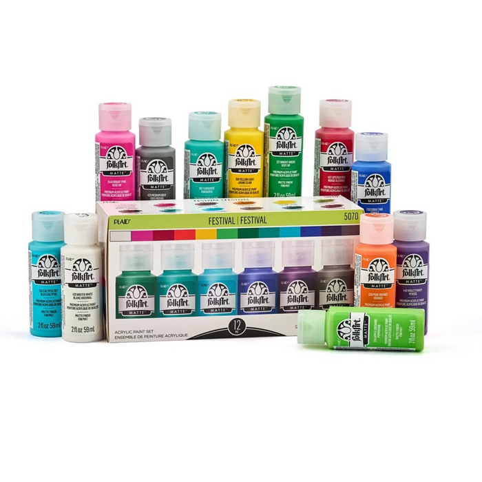 Set of colorful acrylic paint bottles with a box labeled 'FolkArt' on a white background.