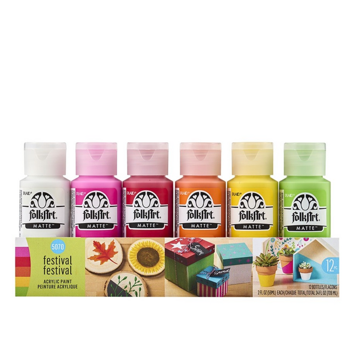 Set of FolkArt acrylic paint bottles in various colors with a display box on a white background.