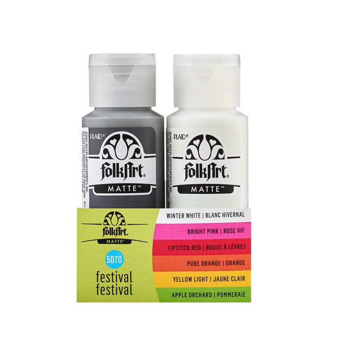 Two bottles of FolkArt Matte paint with a color swatch on a white background