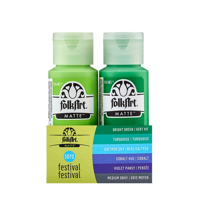Two bottles of FolkArt Matte paint in green with a packaging display showing color options.