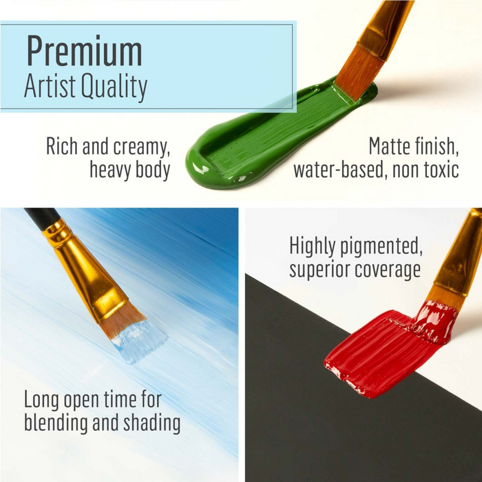 Promotional image of paintbrushes with text highlighting features like 'Premium Artist Quality' and 'Rich and creamy, heavy body'.