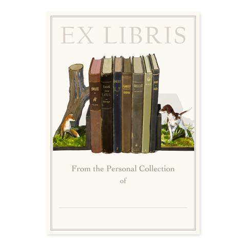 Bookplate with Ex Libris printed at the top and a group of books held together by a dog and fox bookends.