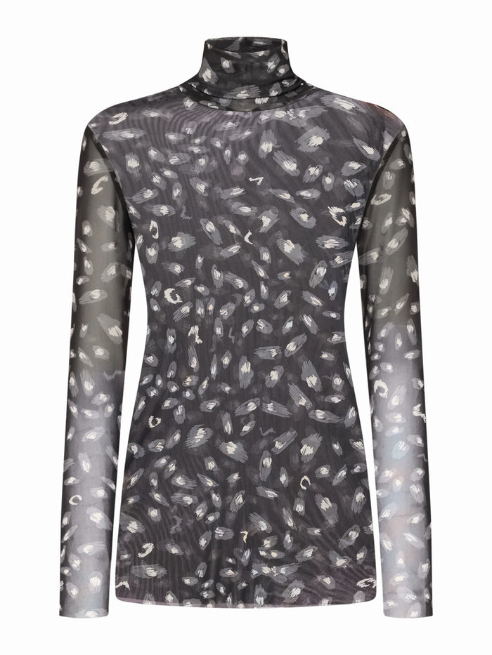 The FRANCO FERRARI - BALLET MESH TURTLENECK is a fitted, sheer mesh top with an abstract monochrome print of scattered light brushstroke spots, shown against a white background.