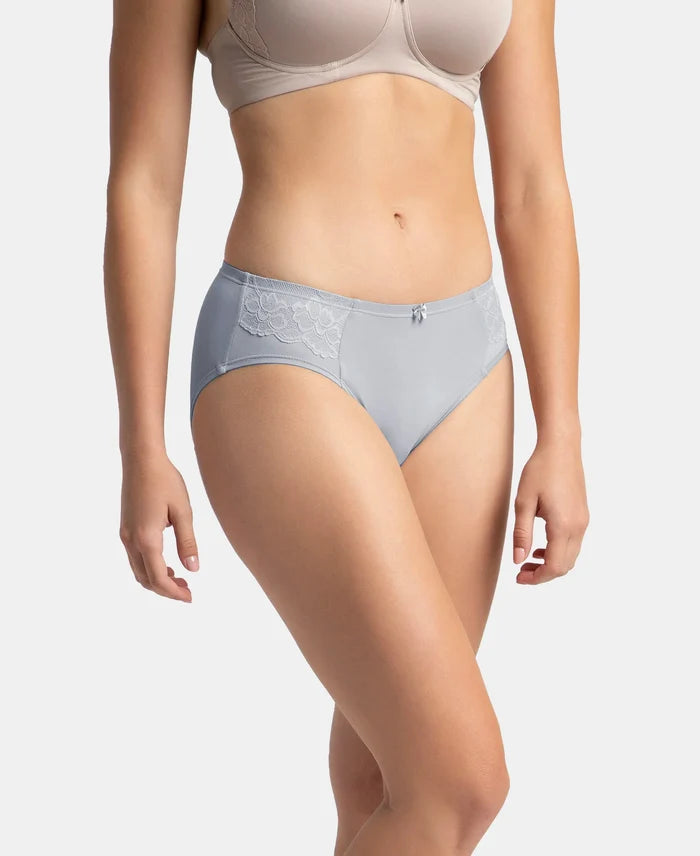Full Coverage Soft Touch Microfiber Elastane Stretch Hipster with Lace Styling - Lilac Grey