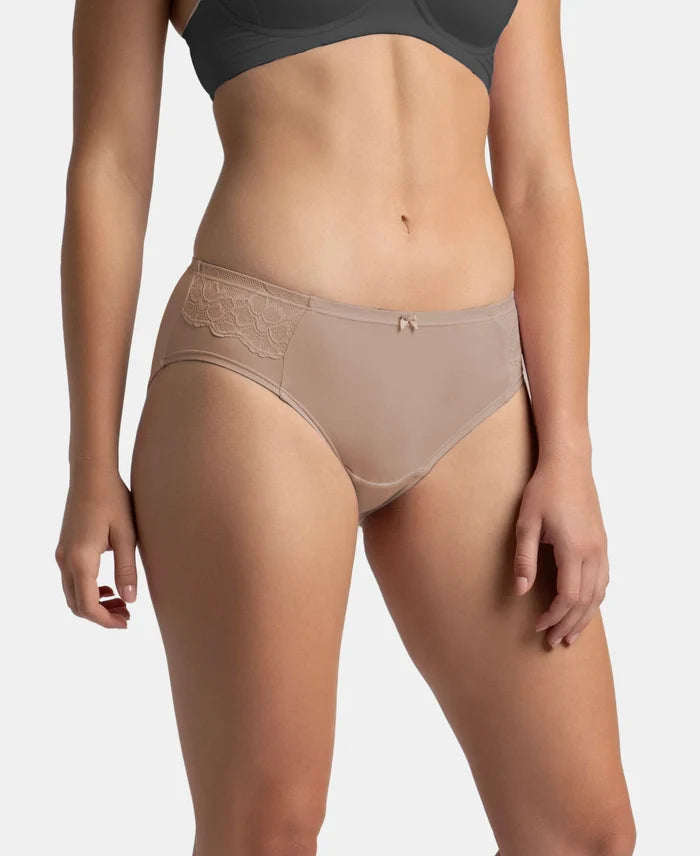 Full Coverage Soft Touch Microfiber Elastane Stretch Hipster with Lace Styling - Deep Taupe