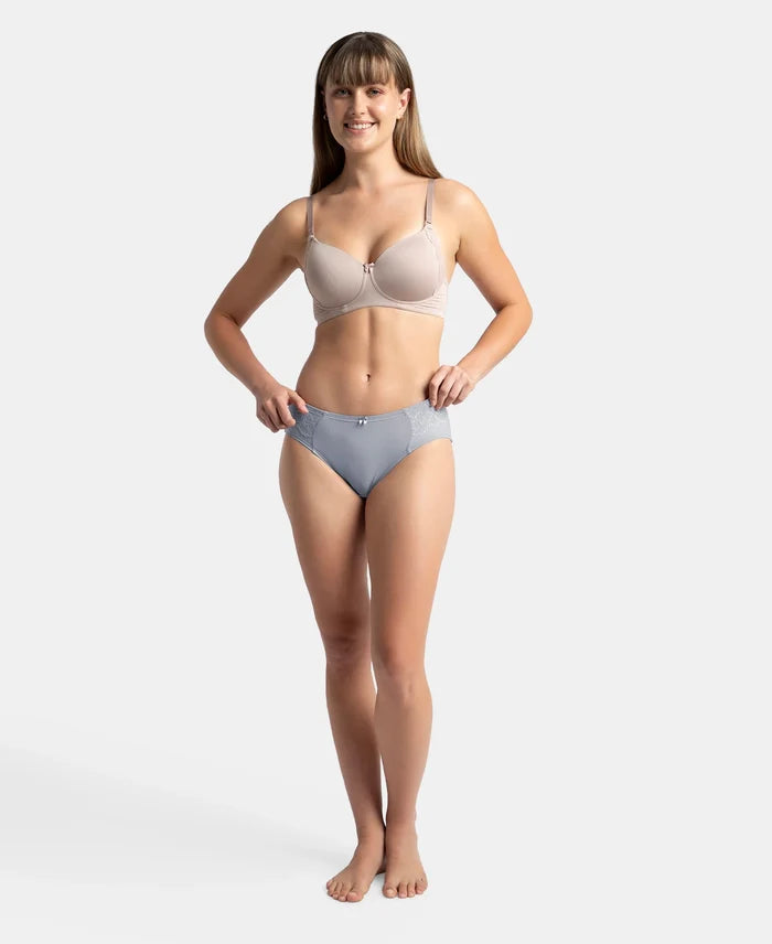 Full Coverage Soft Touch Microfiber Elastane Stretch Hipster with Lace Styling - Lilac Grey
