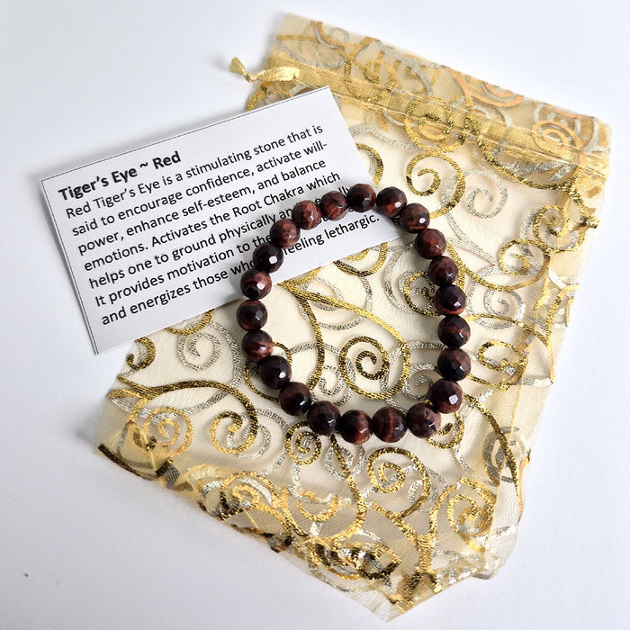 Gemstone Bead Bracelet - Tiger's Eye Red 8mm Faceted